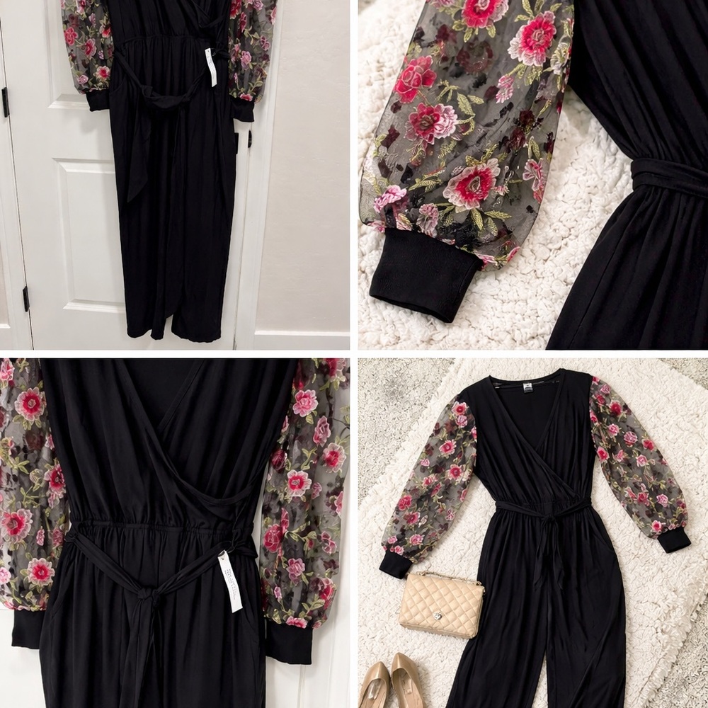 Elegant Black Jumpsuit with Embroidered Sheer Sleeves.